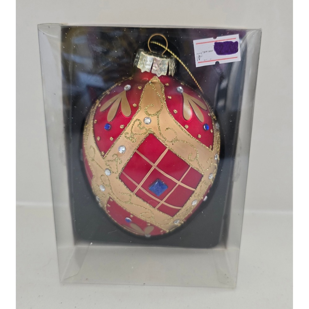 Kurt‎ S Adler Red Gold Glass European Ornament Rhinestone Plaid GG0991 New
